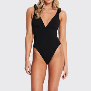 NWT SEAFOLLY Black Riviera Deep V One-Piece Swimsuit Tie Shoulders Size 8